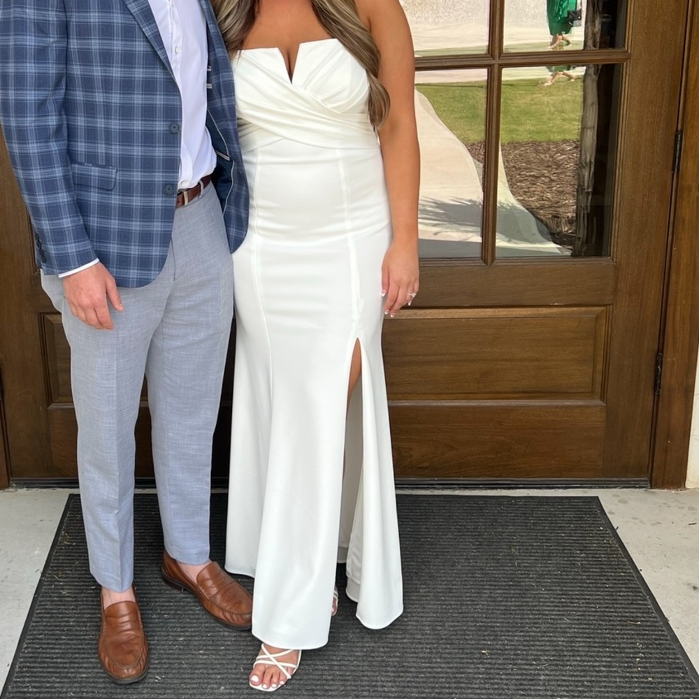 Aqua White Strapless Maxi Dress with Front Slit